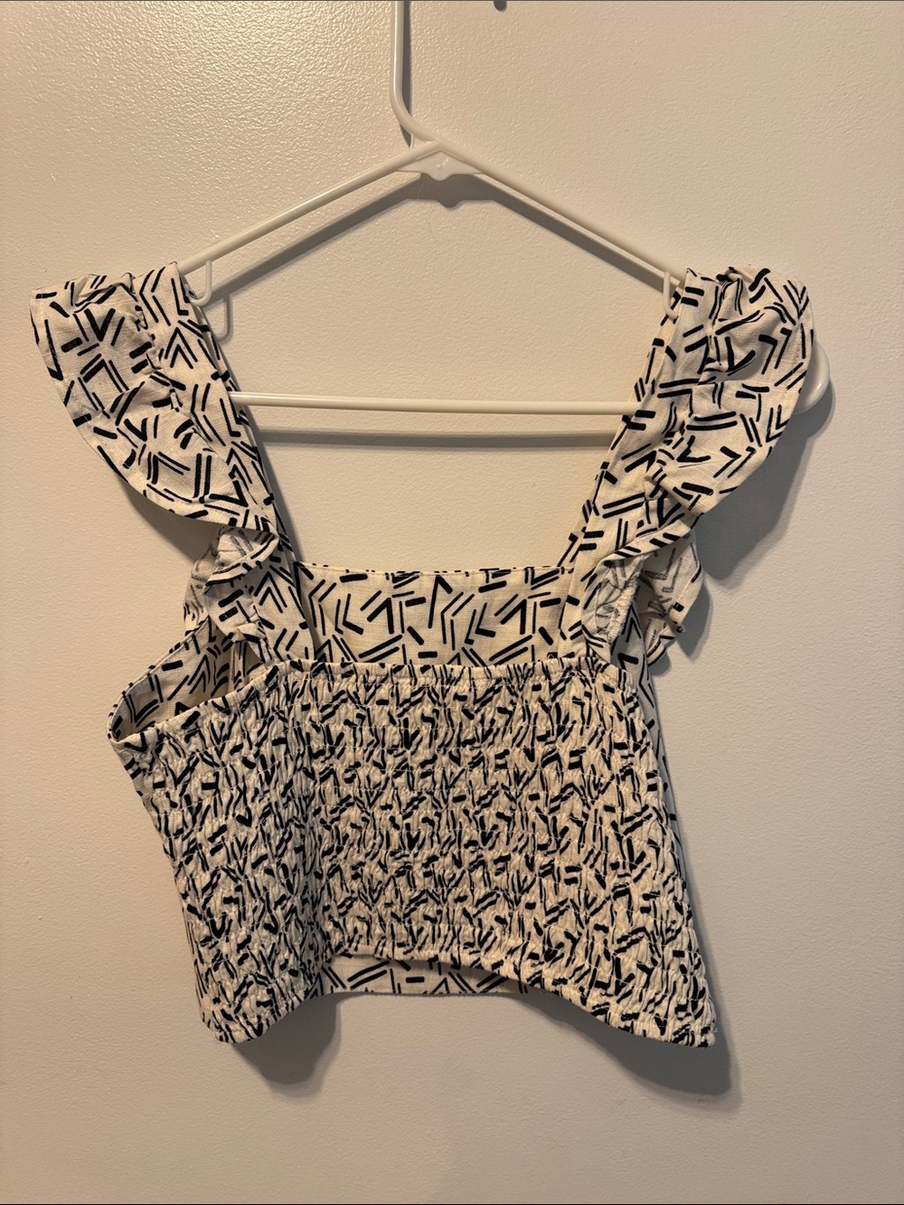 Ruffled Square Neck Camisole - White with Black Geo Print
